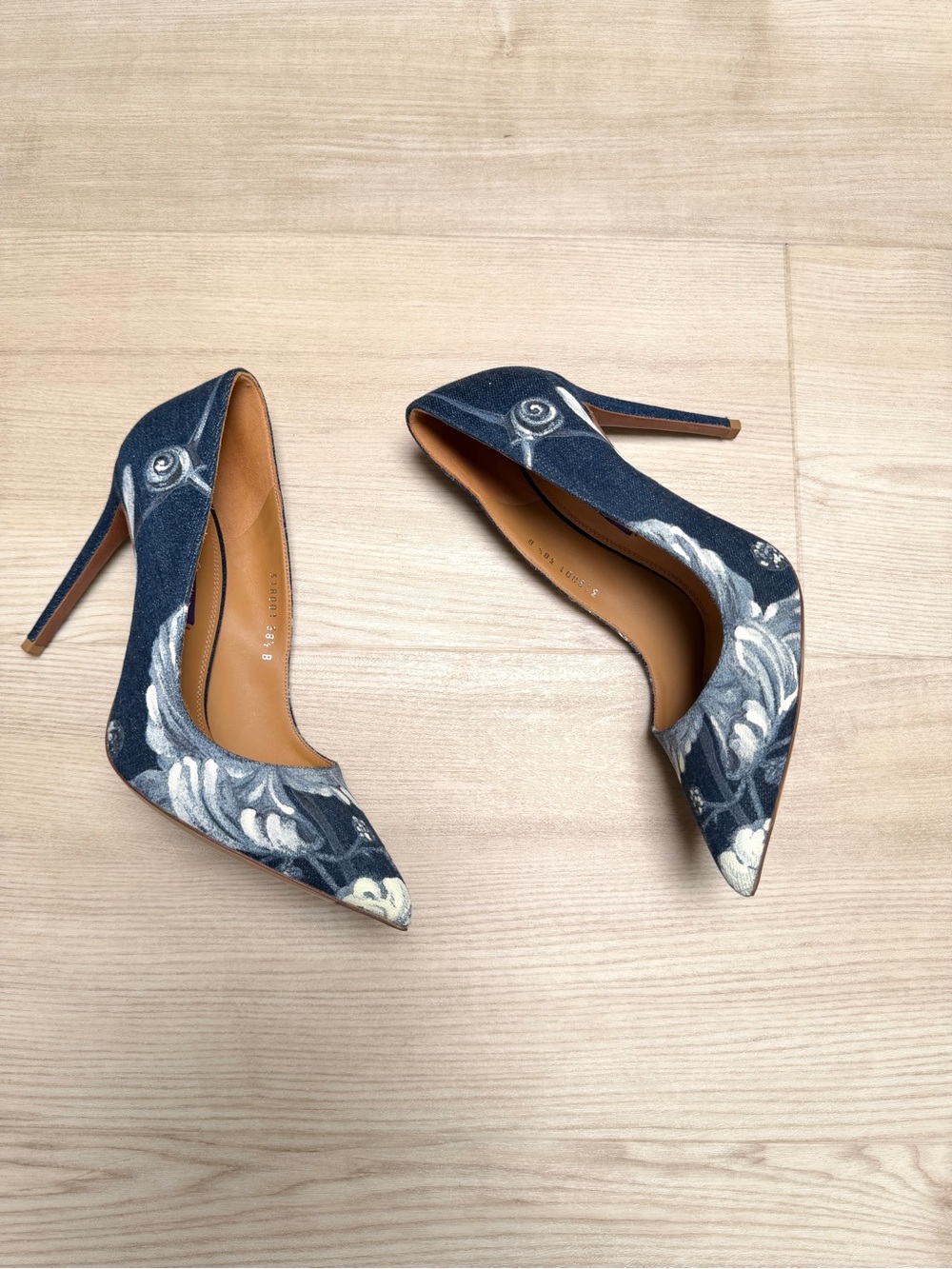 RALPH LAUREN purple label Celia denim hand painted stiletto heels / size 8